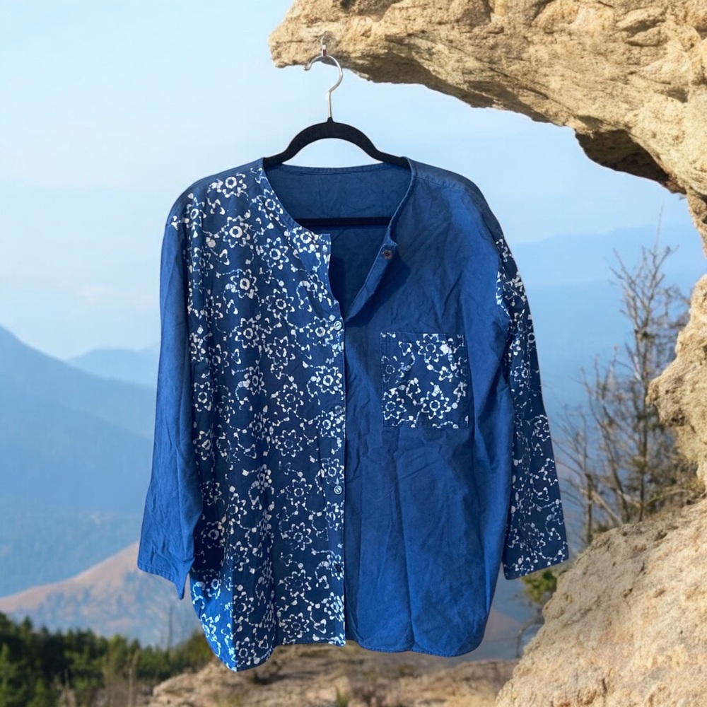 Blue and White Button-up Top with Floral Design